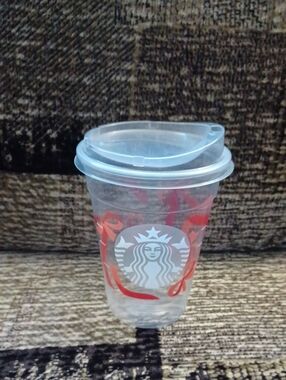 $4 Add-on Starbucks Clear Plastic Cold Cup with Red Ribbon Design and Clear Lid